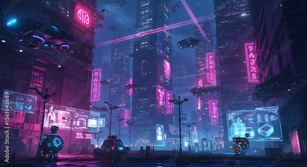 Fototapeta premium Neon Lights and Flying Vehicles