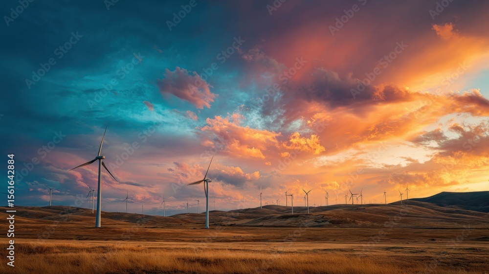 Obraz premium Vast wind farm with numerous turbines under dramatic colorful sky at sunset landscape.