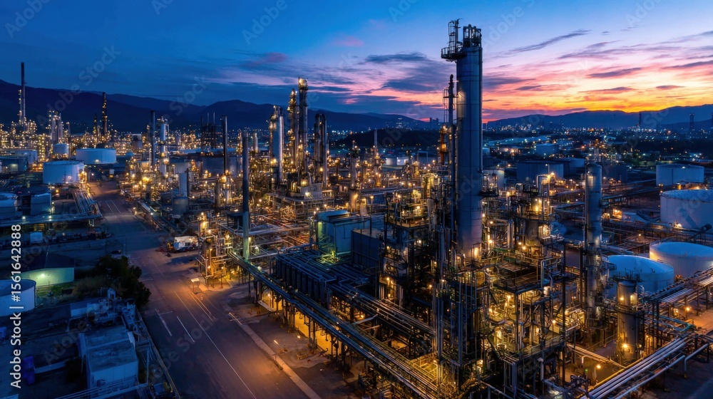 Obraz premium Extensive industrial refinery with towering structures and vibrant sunset sky.