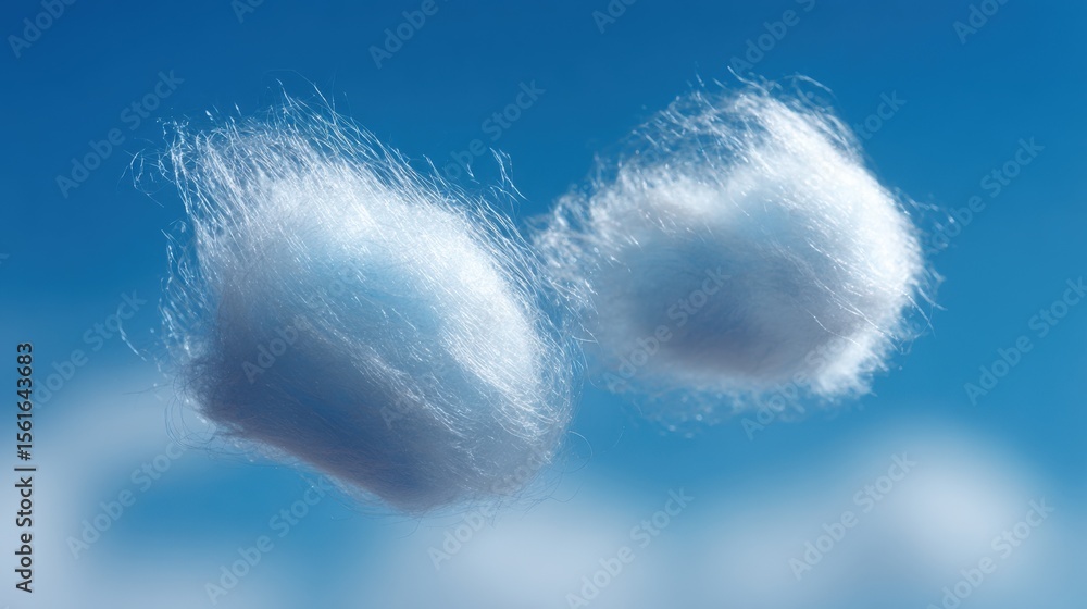 Naklejka premium Two fluffy white clouds floating in a bright blue sky with soft sunlight.