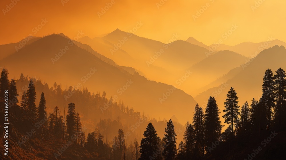 Obraz premium Stunning panoramic view of layered mountain ranges at sunset with forest foreground.