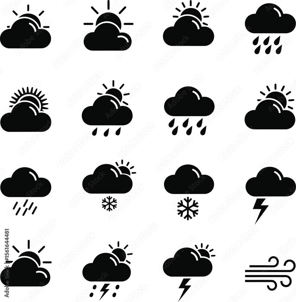 Black Weather Icon Set – Sun, Cloud, Rain, Snow, Thunderstorm, and Wind Symbols in Minimal Flat Style for Forecast, App UI, and Web Design Black Weather Icon Set – Sun, Cloud, Rain, Snow, Thunderstorm, and Wind Symbols in Minimal Flat Style for Forecast, App UI, and Web Design