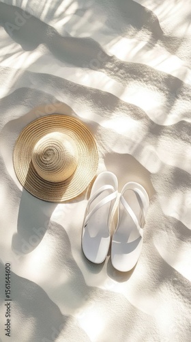 Straw hat and white sandals on sandy beach