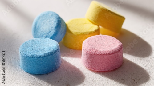 Colorful round vitamin supplements tablets on white surface with shadows and texture.