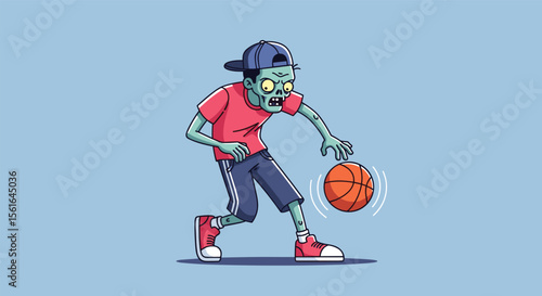 Animated zombie character skillfully dribbles a basketball while wearing a baseball cap and athletic shorts practicing for a game