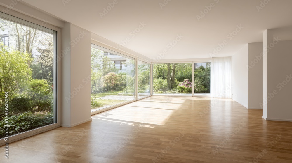 Obraz premium Spacious modern empty living room with large floor-to-ceiling windows overlooking garden and natural light.
