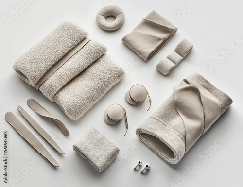 Beige-toned textiles and accessories arranged on a white surface