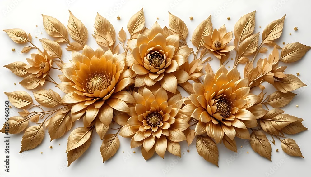 Fototapeta premium Luxurious 3D golden flowers with detailed petals and leaves on a soft white background. Ideal for elegant decor, wallpapers, greeting cards, invitations, and luxury branding visuals.