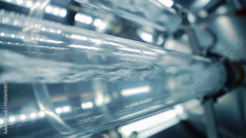 Clear liquid flowing through industrial glass piping with blurred light accents background