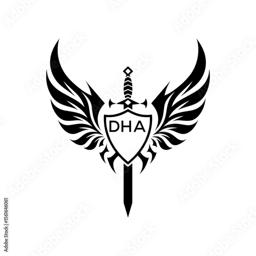 DHA "Warrior Shield and Sword Emblem with Wings Logo," DHA Later Logo, "Black Tribal Winged Sword Crest Vector," "Heraldic Emblem with Wings, Sword, and Shield,"
