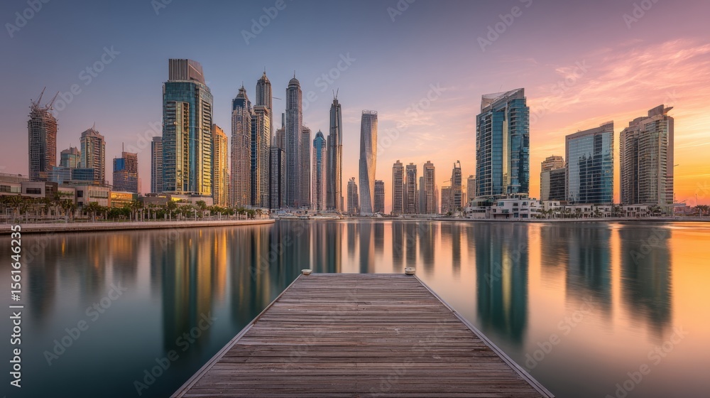 Obraz premium Modern city skyline architecture with skyscrapers riverfront view at sunset.