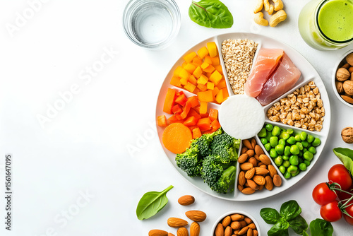 Wallpaper Mural utrition concept with food pyramid plate: fish, grains, vegetables, and nuts Torontodigital.ca