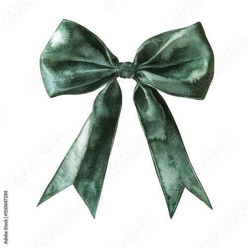adorning green watercolor bow hand painted with soft brushstrokes, Delicate gracefully transparent background with artistic charm