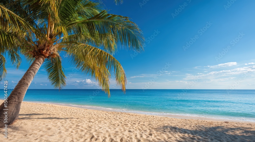 Serene tropical beach scene with palm tree golden sand calm ocean under clear blue sky. Serene tropical beach scene with palm tree golden sand calm ocean under clear blue sky.
