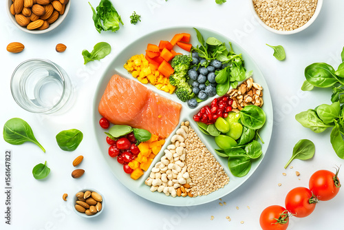 balanced diet food background plate with healthy food groups for nutrition plan