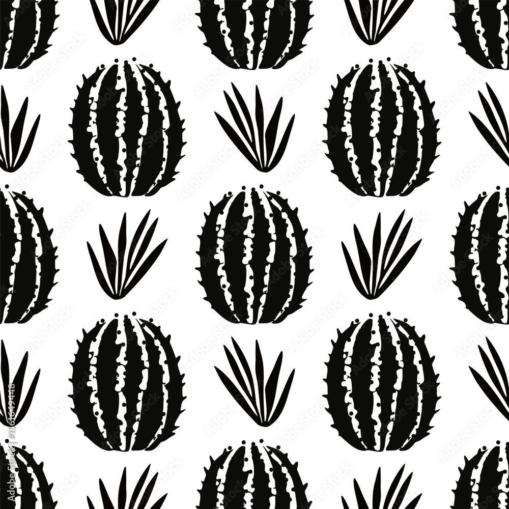 Obraz premium Black cactus and succulent seamless pattern. Ideal for textile, home decor, banner, cover, etc