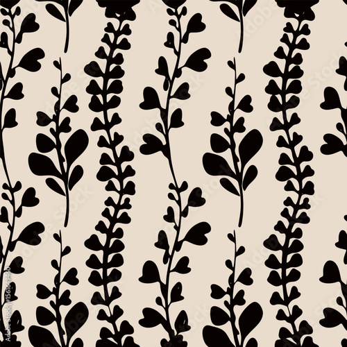 Seamless pattern of black botanical wisteria  silhouettes on white background. Ideal for textile, home decor, banner, cover, etc