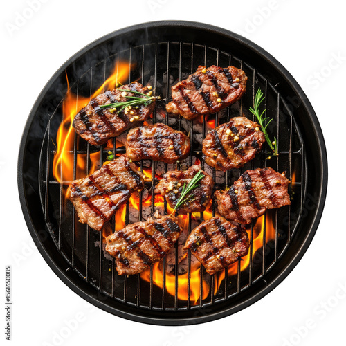 Grilled meat steaks on a round charcoal grill.  Flaming coals, seasoned meat, and rosemary sprigs are visible