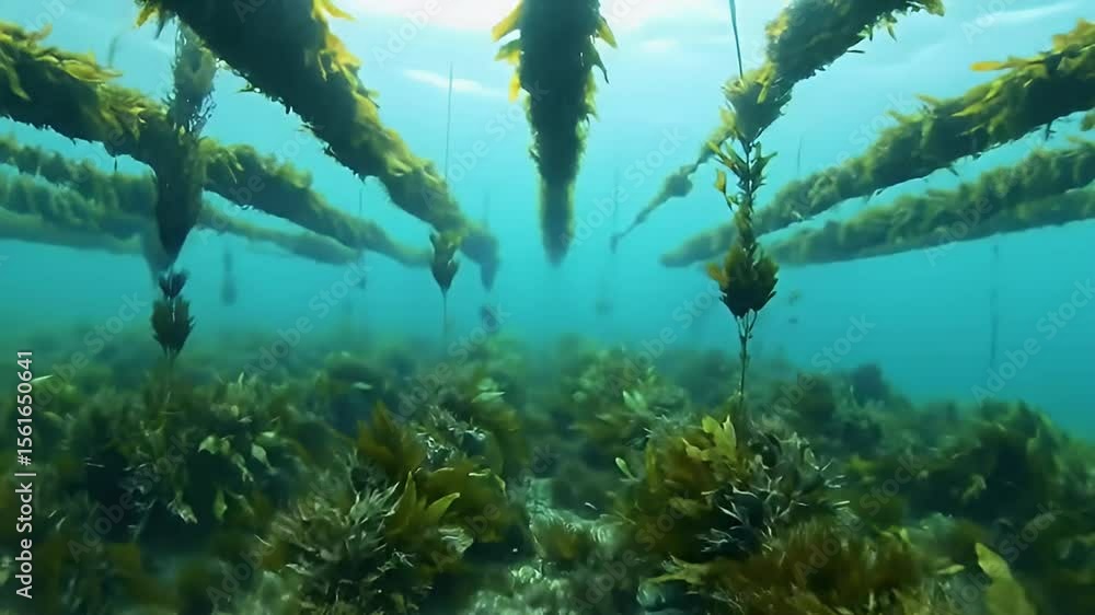 Underwater shot of seaweed farm, hanging from lines, sea floor visible below