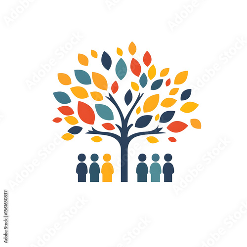 Community engagement event under a vibrant tree urban park digital illustration bright colors aerial view