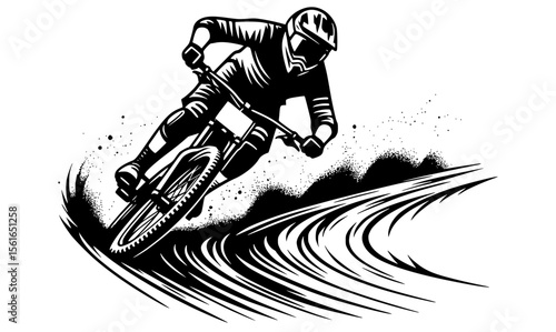 Line art of a downhill cyclist leaning into a sharp turn with dust trail effect