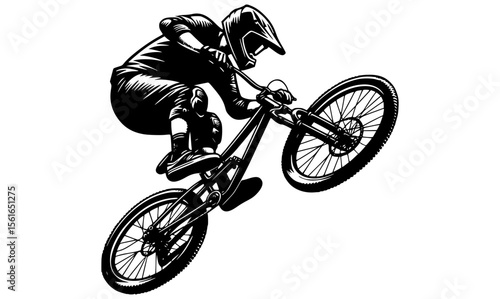 A freestyle downhill cyclist doing a trick mid-air, hand-drawn in black and white