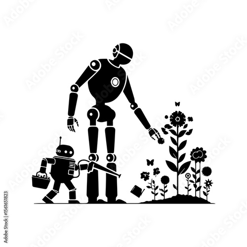 simple silhouette of A robot helping plant flowers