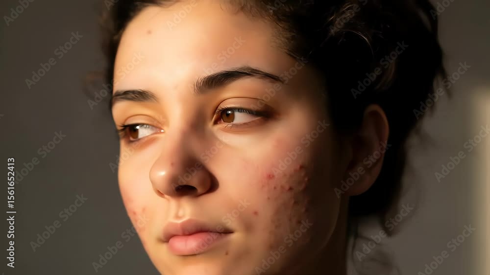 Close Up of a Young Woman's Face with Acne Problems in Warm Light With Dark Brown Hair and Eyes on White Background Showing Imperfections Close Up of a Young Woman's Face with Acne Problems in Warm Light With Dark Brown Hair and Eyes on White Background Showing Imperfections