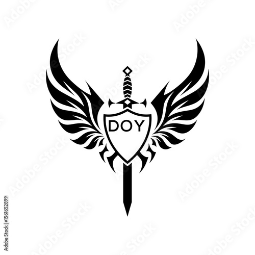 DOY "Warrior Shield and Sword Emblem with Wings Logo," DOY Later Logo, "Black Tribal Winged Sword Crest Vector," "Heraldic Emblem with Wings, Sword, and Shield,"
