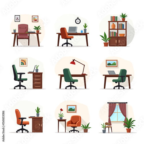 Collection of nine modern home office illustrations featuring various workspace setups, including desks, chairs, plants, and bookshelves, ideal for presentations or website design.