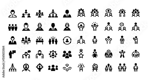Business People Line Icon Set – Editable Stroke Vector with Teamwork, Leadership, Communication, Mentorship, HR Management, Innovation, and Employee Skill Development
