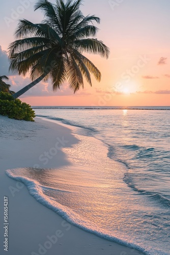 Tropical beach sunset with palm tree
