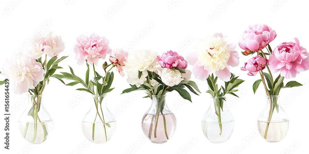 Obraz premium Pink and white peonies in clear glass vases
