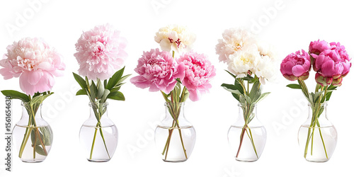 Fototapeta Naklejka Na Ścianę i Meble -  Pink and white peonies in glass vases
