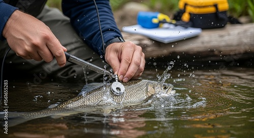 Researcher Tagging Grayling Fish in Stream