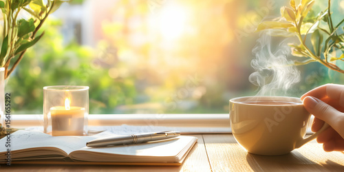 morning coffee by the window with sunlight and book