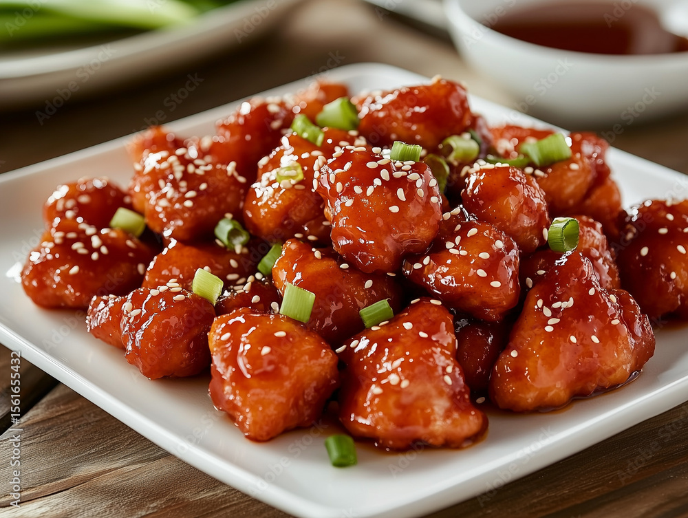 Delicious orange chicken with sesame seeds and green onions sprinkled on top Delicious orange chicken with sesame seeds and green onions sprinkled on top