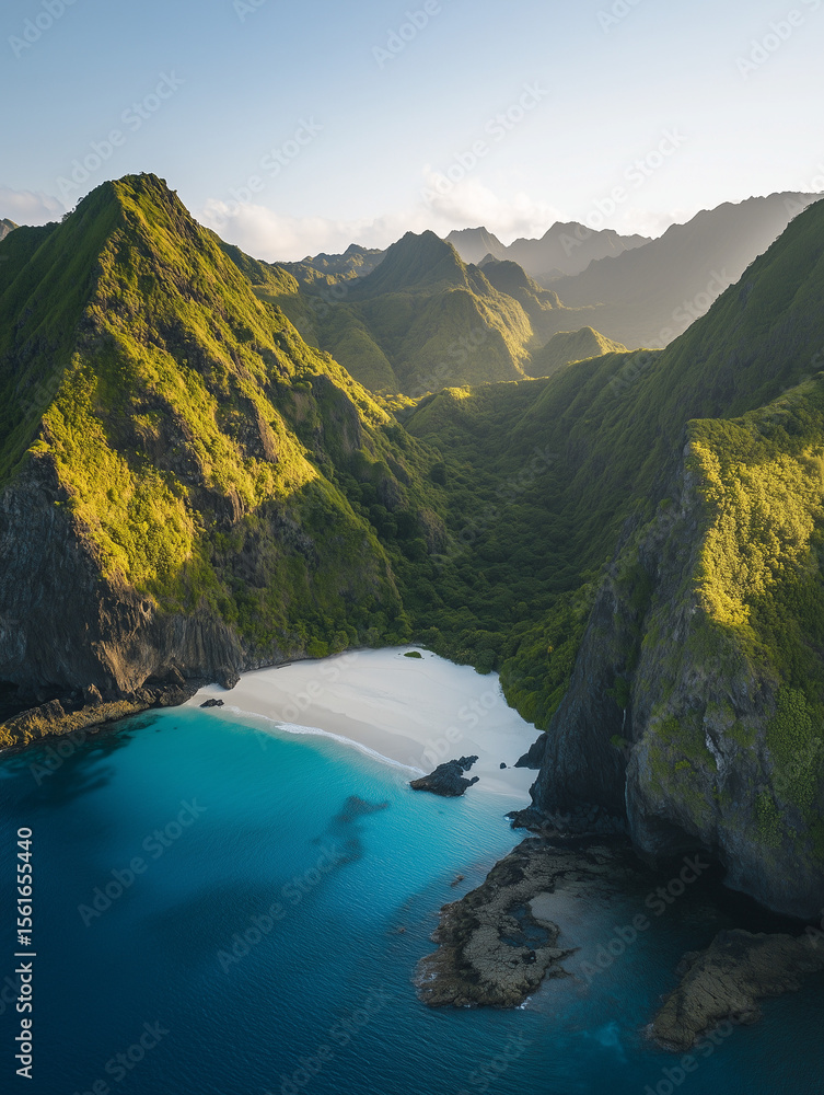 Obraz premium Hidden beach surrounded by lush green mountains at sunset in tropical island paradise