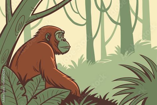 Majestic Orangutan in Jungle - Rainforest Wildlife Illustration