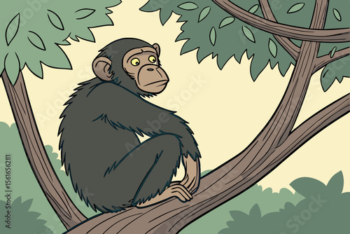  Curious Chimpanzee in Tree - Jungle Wildlife Illustration