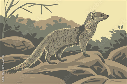 Alert Mongoose on Rocks - Wildlife Landscape Illustration