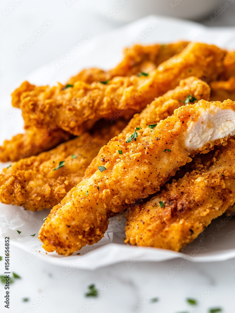 Crispy fried chicken strips sprinkled with parsley on white butcher paper Crispy fried chicken strips sprinkled with parsley on white butcher paper