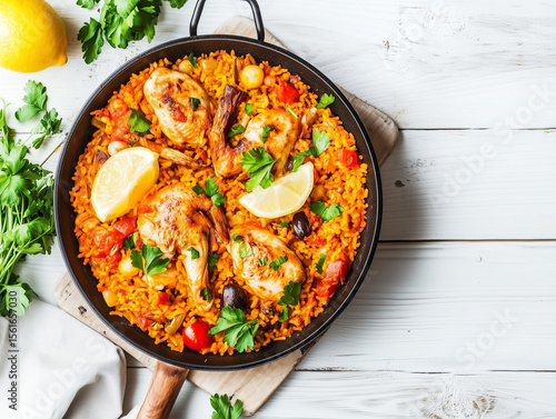 Chicken paella with saffron, vegetables, and lemon wedges cooking in a pan