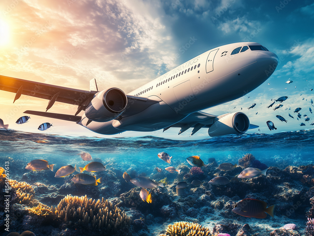 custom made wallpaper toronto digitalPassenger airplane flying over beautiful tropical coral reef at sunset