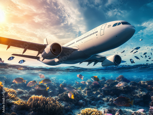 Wallpaper Mural Passenger airplane flying over beautiful tropical coral reef at sunset Torontodigital.ca