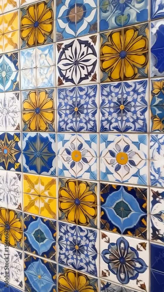 Intricate square tile pattern with blue and yellow floral designs and geometric shapes forming a decorative surface Intricate square tile pattern with blue and yellow floral designs and geometric shapes forming a decorative surface
