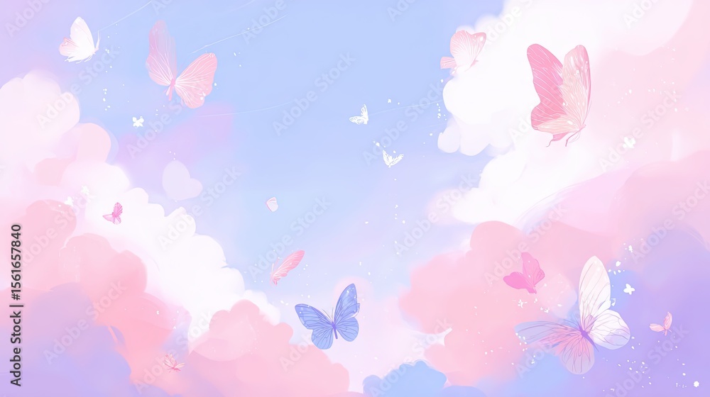 Fototapeta premium Vibrant pastel sky with floating butterflies in dreamy atmospheric scenic background.
