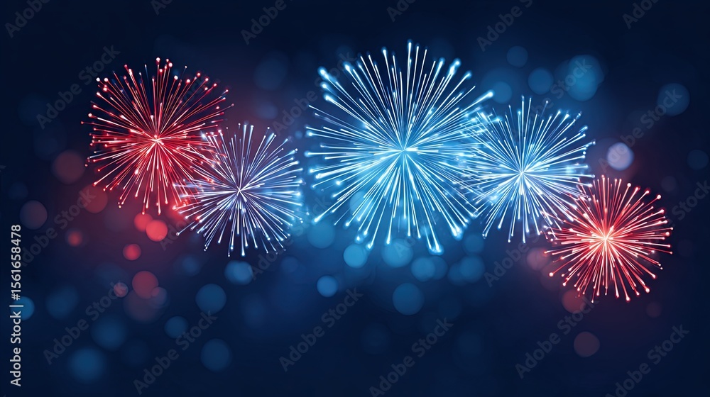 Fototapeta premium Colorful fireworks exploding in the night sky with vibrant red and blue hues.