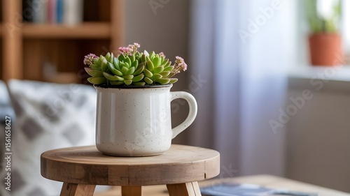 Cup of coffee on a wooden table near flowers and a window in a cozy room