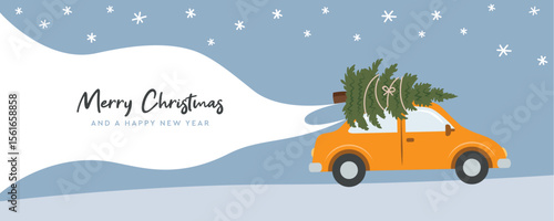 car with christmas tree on snowy winter landscape vector illustration